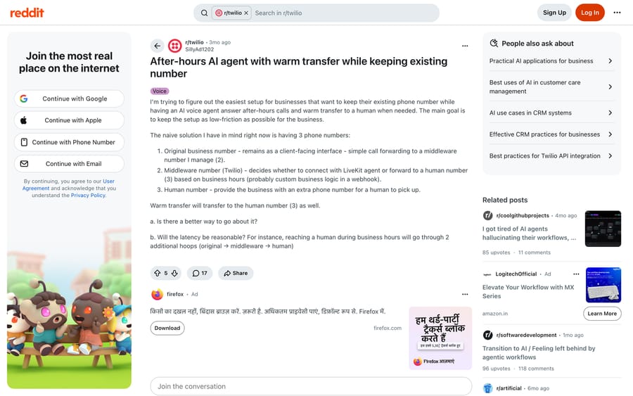 Reddit r/twilio: working through an after-hours AI agent with warm transfer while keeping the existing number.