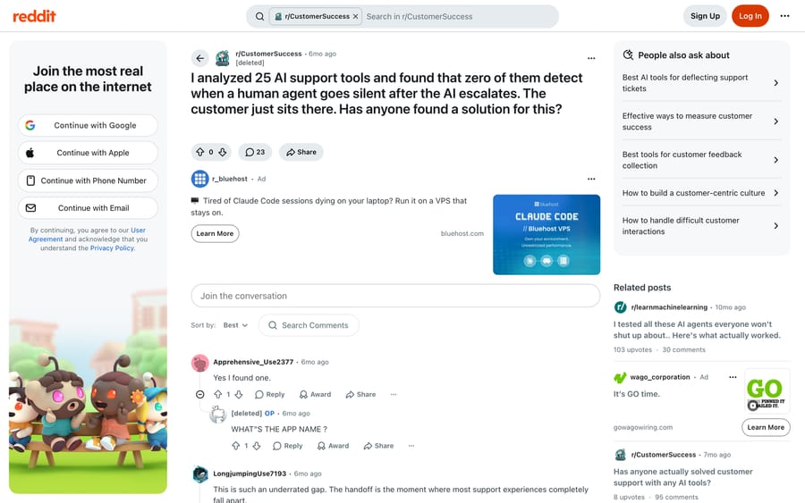 Reddit r/CustomerSuccess: nobody detects when a human goes silent after the AI escalates.