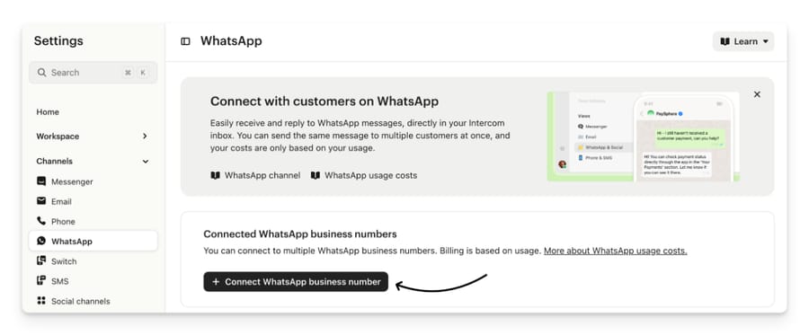 Intercom's WhatsApp channel settings with the Connect WhatsApp business number button