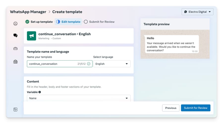 WhatsApp Manager's Create template screen with template name, language, content and preview