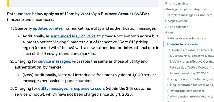 Meta's pricing page listing the October 1, 2026 rate card changes including the free 1,000 service messages.