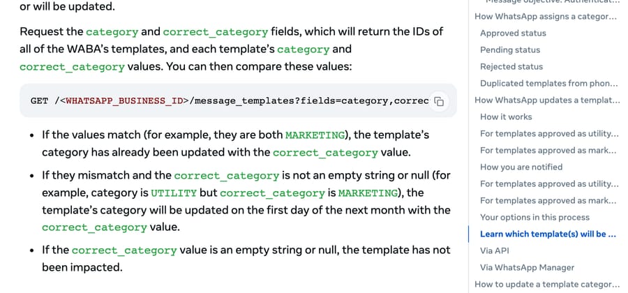 Meta's template categorization docs explaining how category and correct_category are compared.