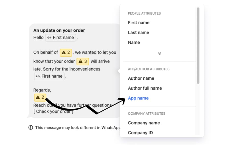 Intercom's outbound WhatsApp template editor mapping template variables to people attributes