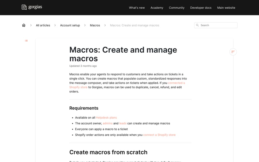 Gorgias's Create and manage macros documentation, showing the plan requirements and setup steps