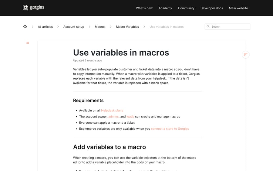 Gorgias's Macro Variables reference, listing the ticket and ecommerce variable paths