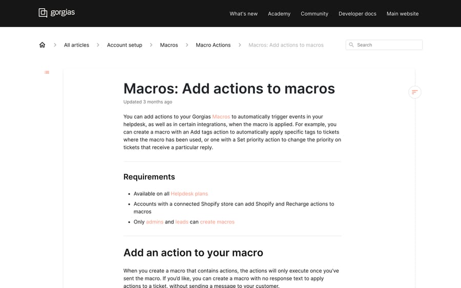 Gorgias's Macro Actions documentation, listing the default and Shopify actions
