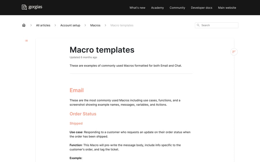 Gorgias's own Macro templates article, which illustrates each template with a screenshot