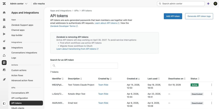 Zendesk API tokens list with the removal banner, Last used and Deactivates on columns