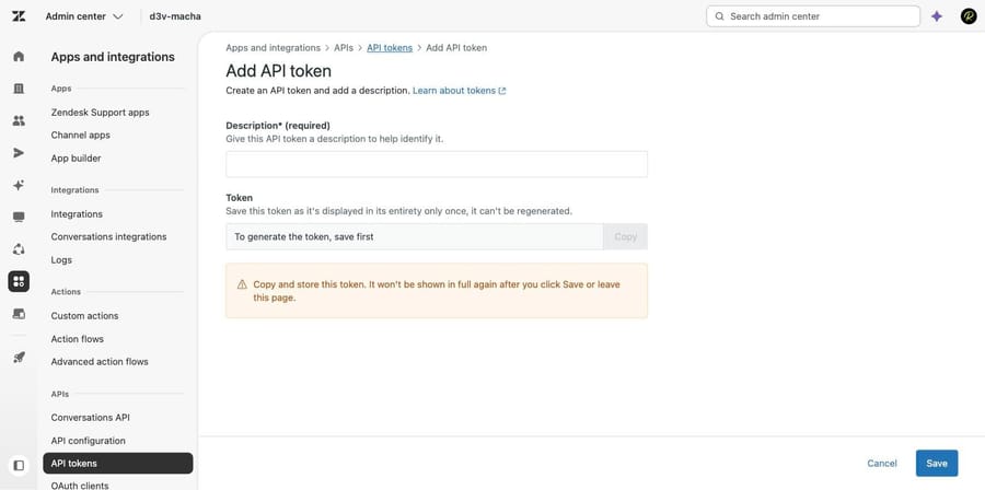 Zendesk Add API token screen with a required description and the copy-it-now warning