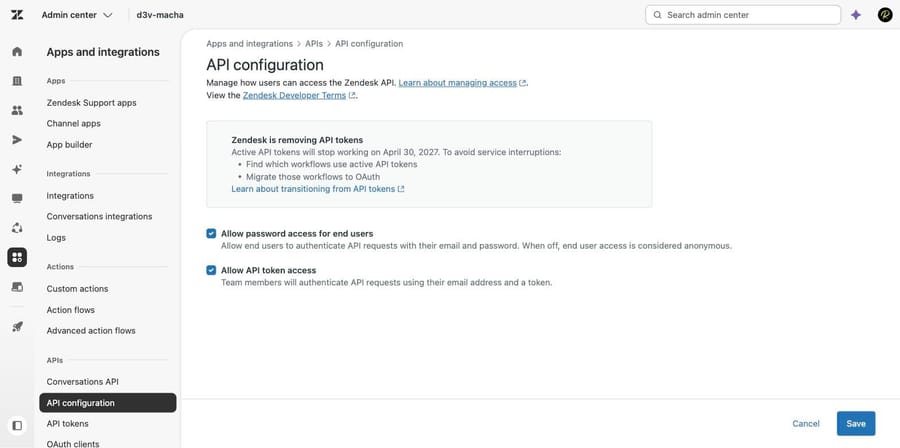 Zendesk API configuration page with the Allow API token access checkbox and the removal notice