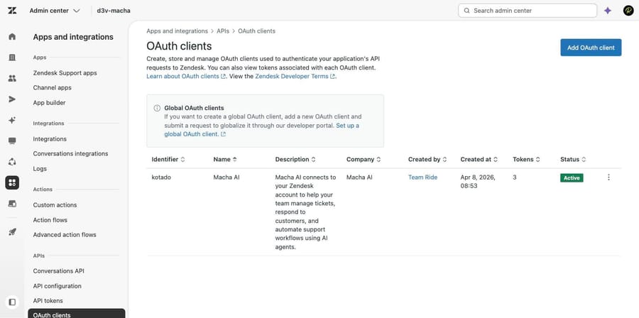 Zendesk OAuth clients list showing an existing client with its token count and status