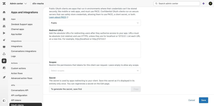 Zendesk Add OAuth client form showing client type, redirect URLs, scopes and secret