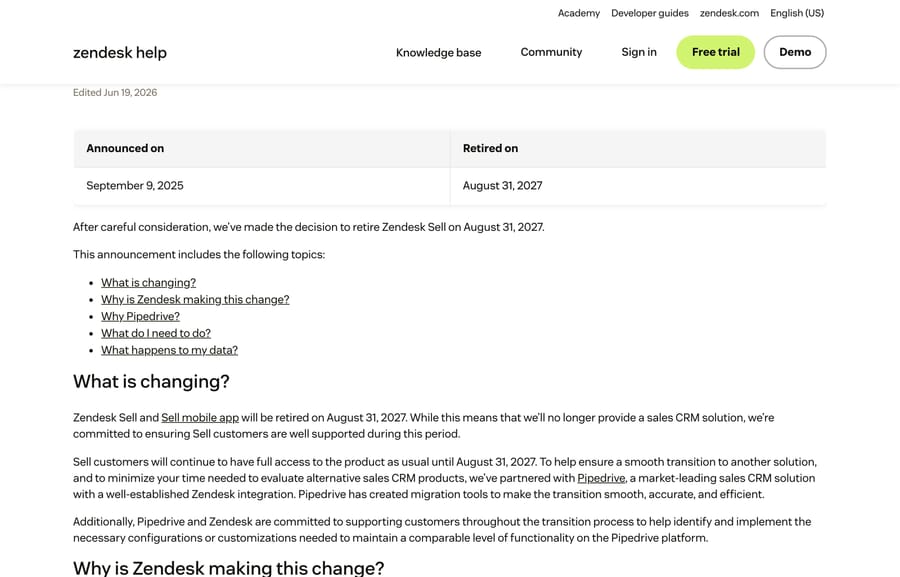 Zendesk announcement header showing Announced on September 9, 2025 and Retired on August 31, 2027