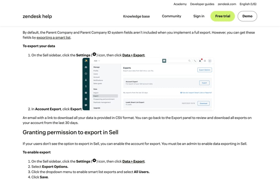 Zendesk documentation showing the Sell Exports screen with Account Export and Export Options