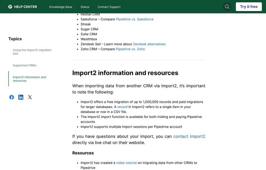 Pipedrive documentation listing Zendesk Sell among Import2's supported source CRMs
