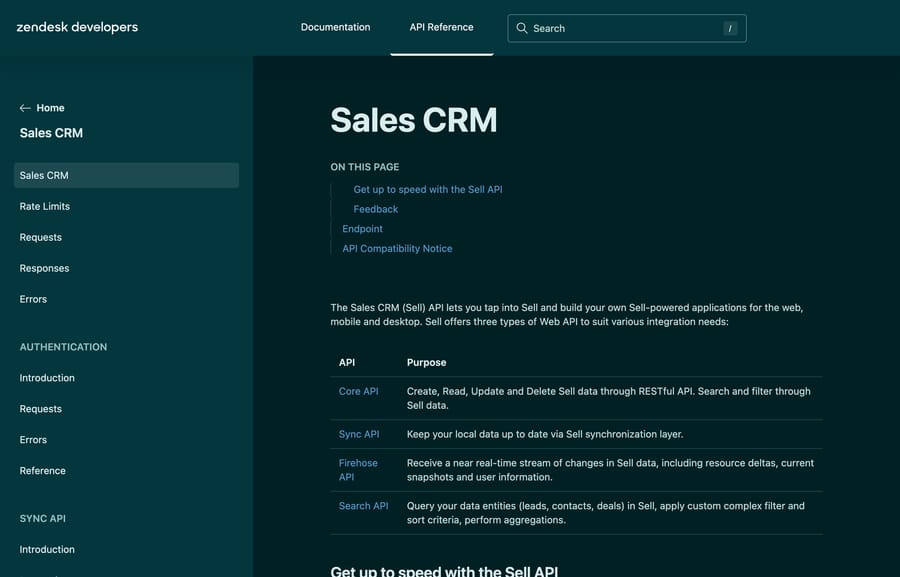 Zendesk Sales CRM API reference listing the Core, Sync, Firehose and Search APIs