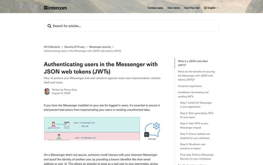 Intercom's JWT authentication article, covering installation, expiry and troubleshooting
