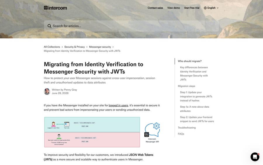Intercom's migration guide from Identity Verification to JWTs, with the comparison table