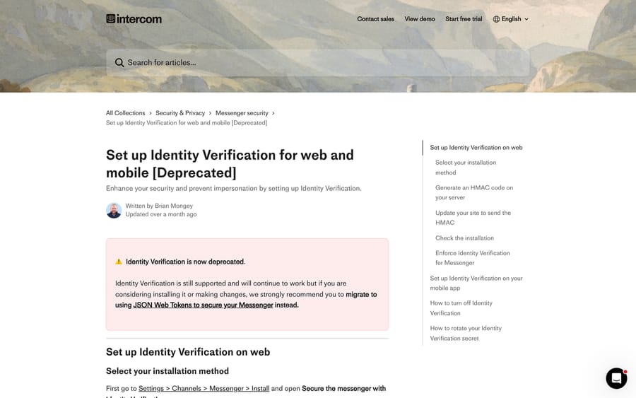 Intercom's deprecated Identity Verification article, with its warning to migrate to JSON Web Tokens