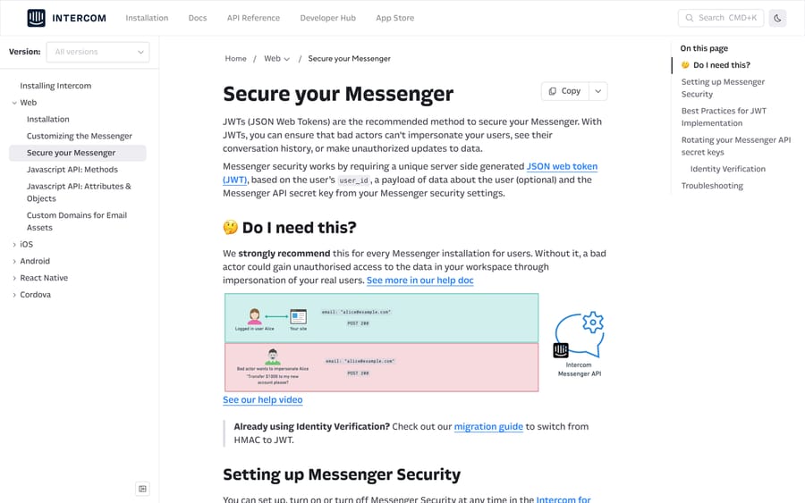 Intercom's Secure your Messenger developer page, showing the impersonation risk diagram