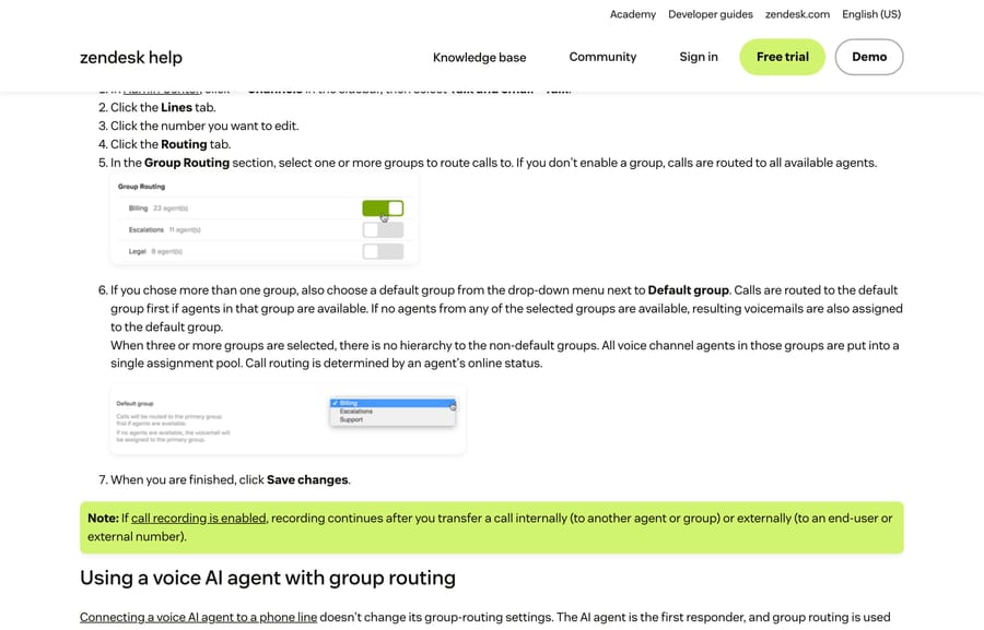 Zendesk Group Routing settings with group toggles and the Default group dropdown