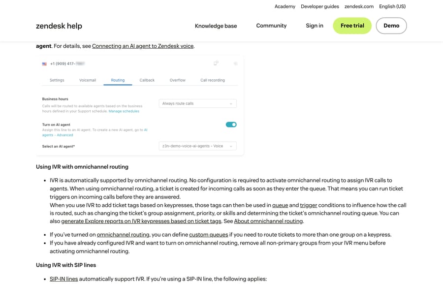 Zendesk phone line tabs with the Routing tab showing business hours and AI agent settings