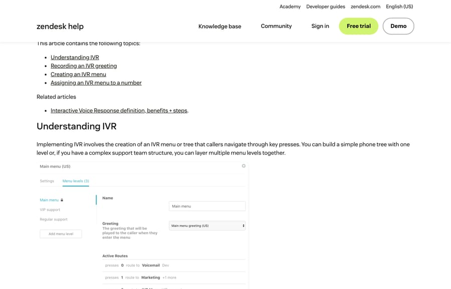 Zendesk IVR menu builder showing menu levels, a greeting selector and active routes