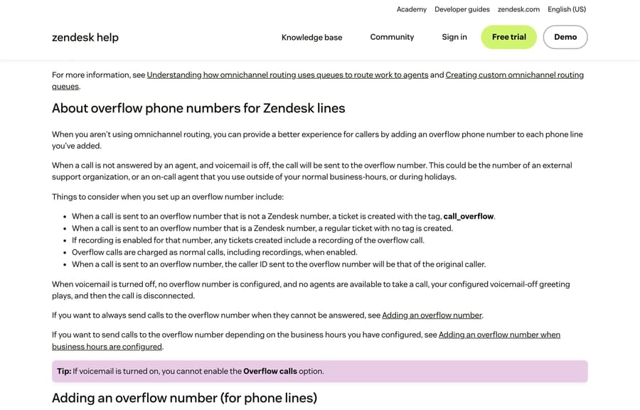 Zendesk documentation on overflow numbers for phone lines and what they do