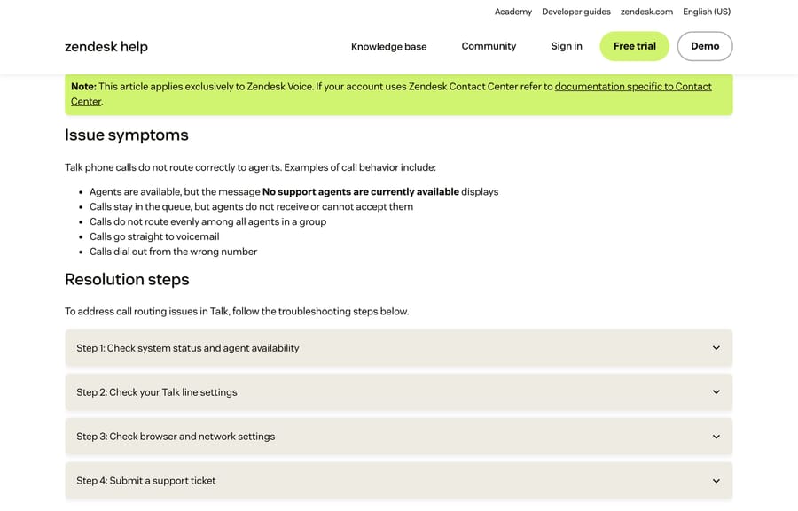 Zendesk troubleshooting article listing the symptoms of calls not routing to agents