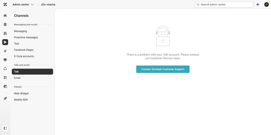 Our sandbox Talk channel returning a problem with your Talk account message