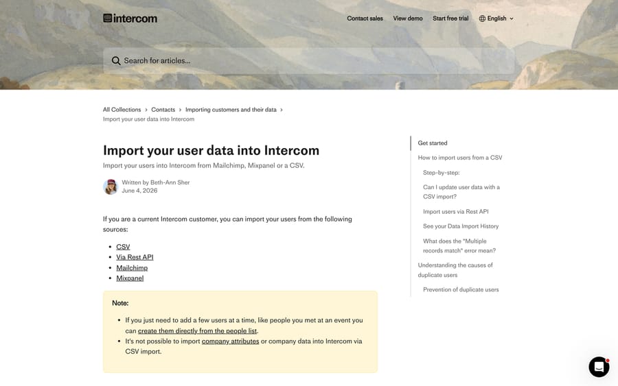 Intercom's Import your user data article, with the note that company data cannot be imported by CSV