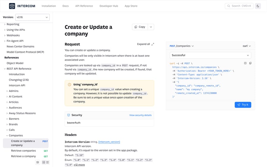 Intercom's Create or Update a company API reference, showing the POST /companies request