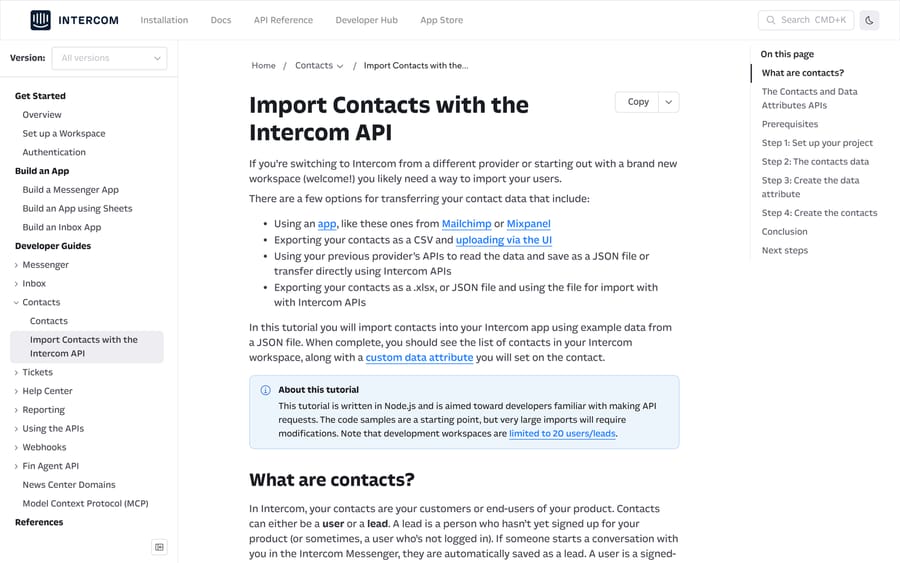 Intercom's developer guide to importing contacts with the API