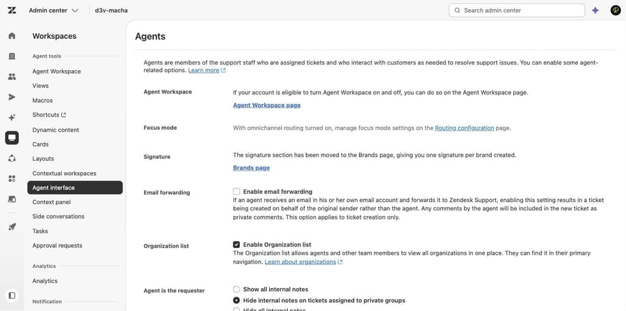 Zendesk Agent interface page showing the signature section has moved to the Brands page