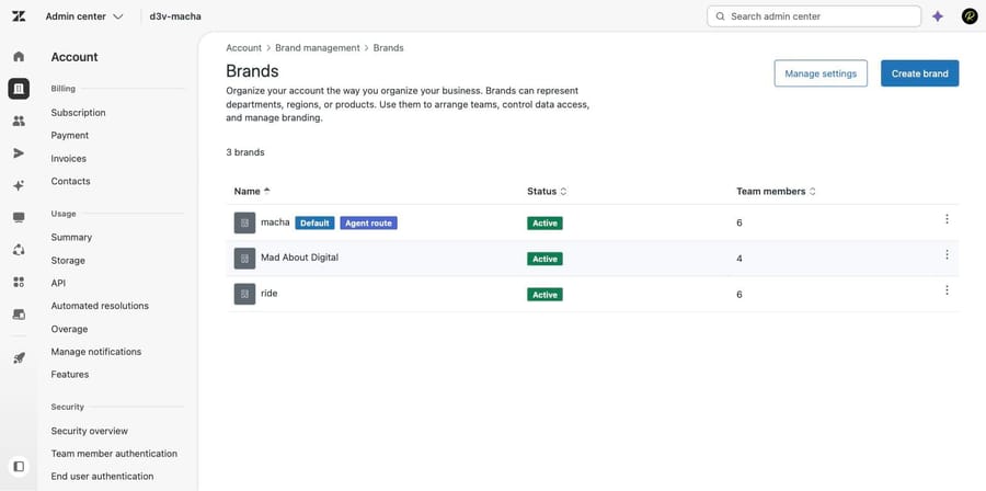 Zendesk Brands page listing three brands with their status and team member counts
