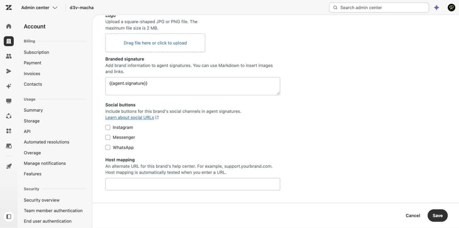 Zendesk Branded signature field containing the agent.signature placeholder, with social buttons below