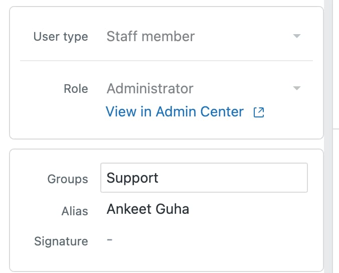 Zendesk agent profile sidebar showing the Signature field alongside Groups and Alias