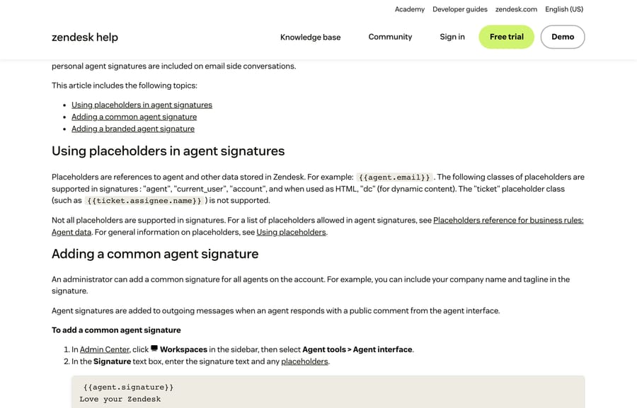 Zendesk documentation on which placeholder classes are supported in agent signatures