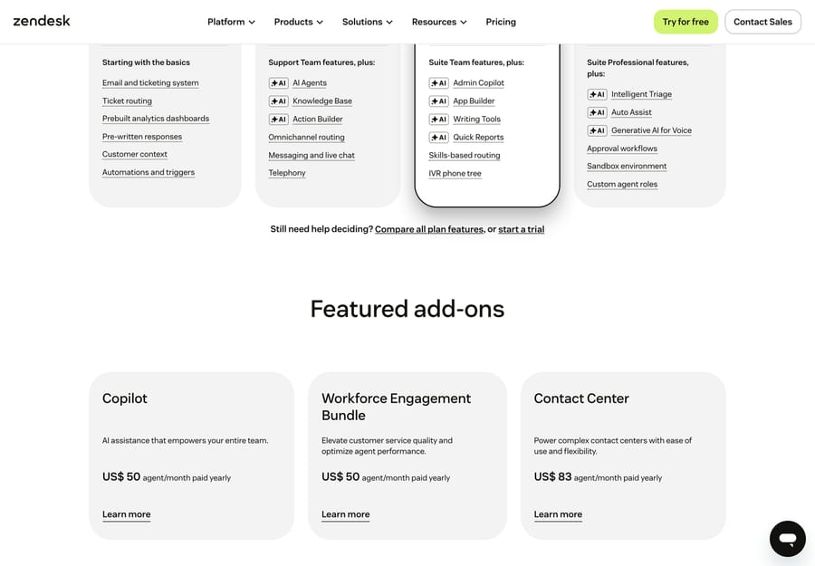 Zendesk featured add-ons: Copilot $50, Workforce Engagement Bundle $50, Contact Center $83 an agent a month