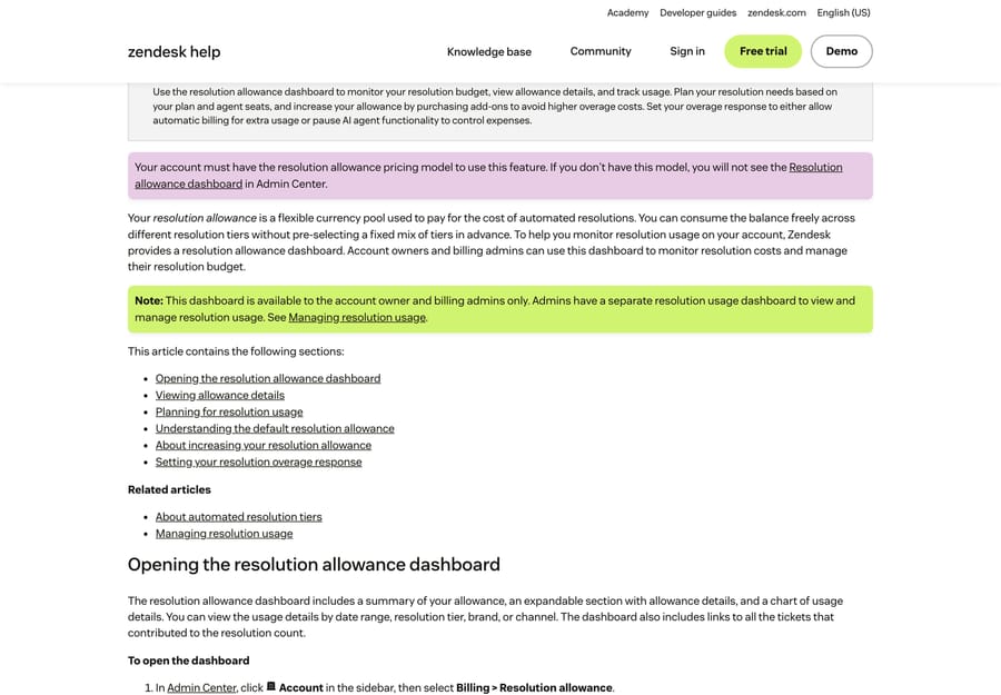 Zendesk help article noting the resolution allowance dashboard only appears on accounts with that pricing model