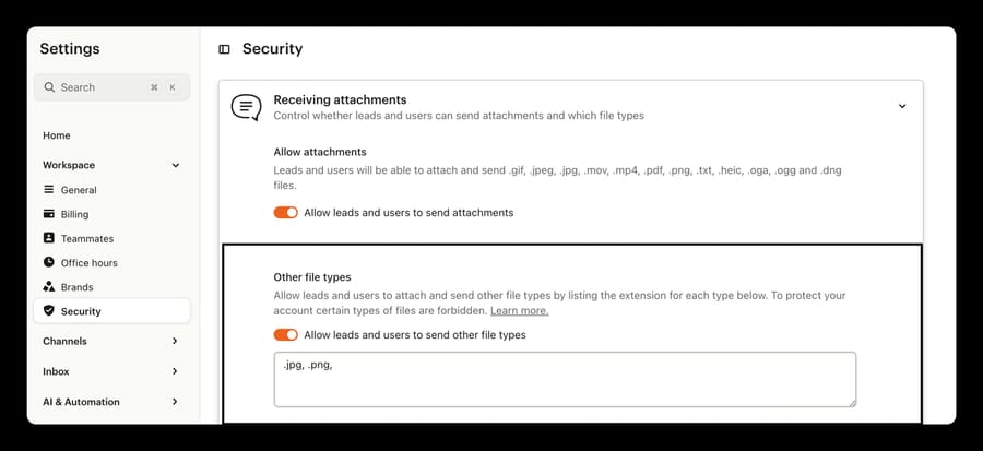 Intercom Settings Workspace Security page with Receiving attachments and the Allow other file types toggle on