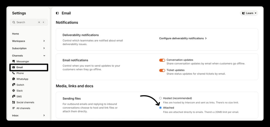 Intercom email settings Sending files with Hosted no size limit and Attached with a 20MB limit per email