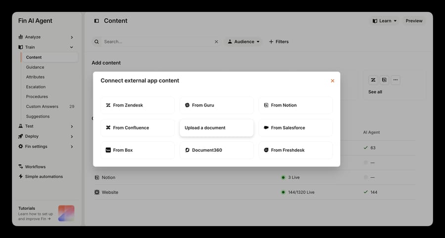 Connect external app content dialog in Fin with Zendesk, Guru, Notion, Confluence, Salesforce, Box and Freshdesk