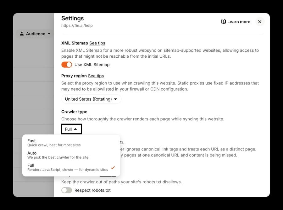 Fin website sync settings with XML Sitemap, proxy region, crawler type Fast Auto Full and Respect robots.txt
