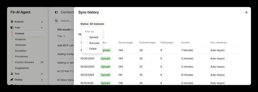 Fin website sync history table with synced, excluded and failed page counts per run