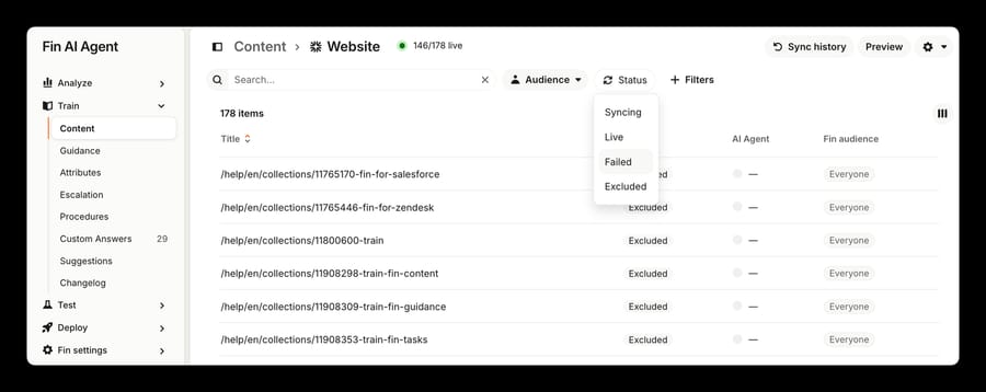 Fin Content Website source with the Status filter open showing Syncing, Live, Failed and Excluded