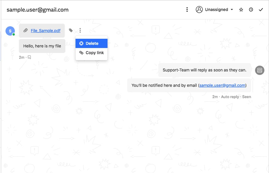 Intercom conversation attachment with the three-dot menu open showing Delete and Copy link