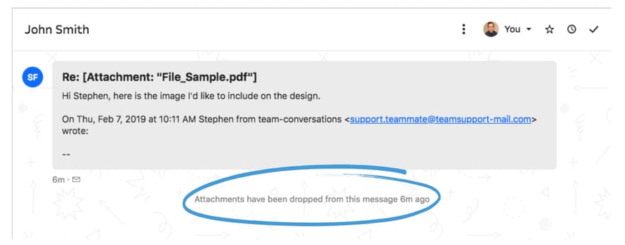 Intercom conversation showing the event Attachments have been dropped from this message circled in blue