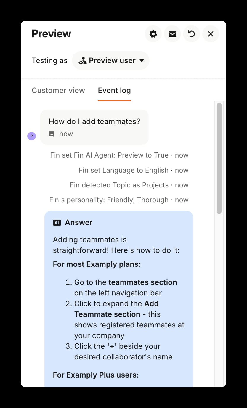 Fin Preview Event log tab showing language detection, topic detection, personality and the answer