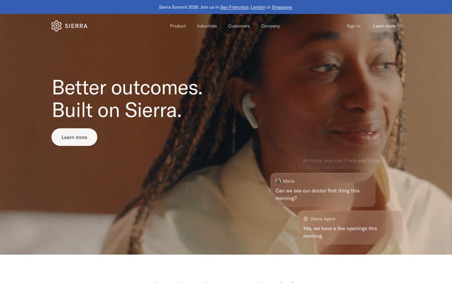 Sierra's homepage: a Sierra Agent answering a customer in chat, with no pricing page on the site